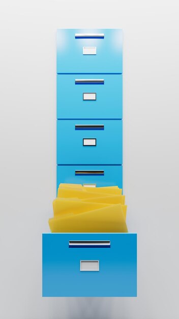 Photo blue file cabinet drawers on white wall yellow folders 3d illustration