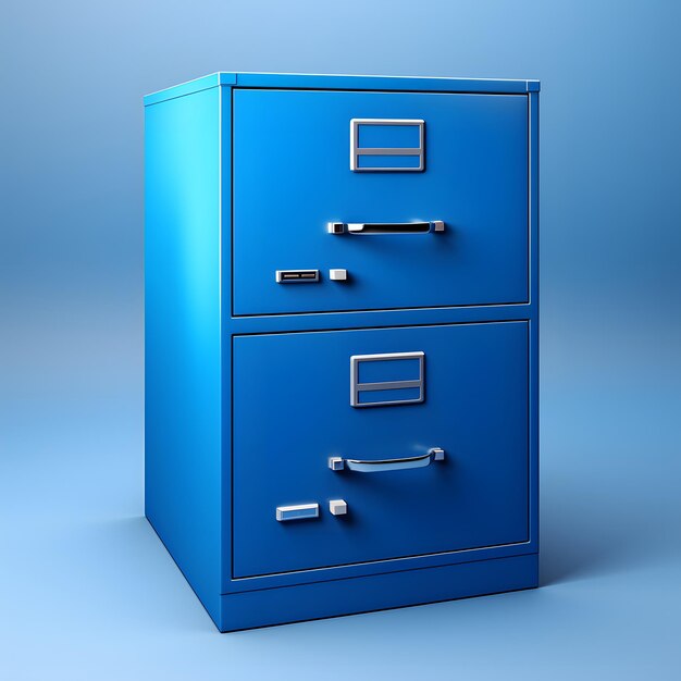 a blue file cabinet with silver handles