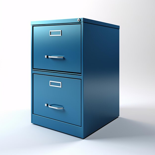 a blue file cabinet with silver handles