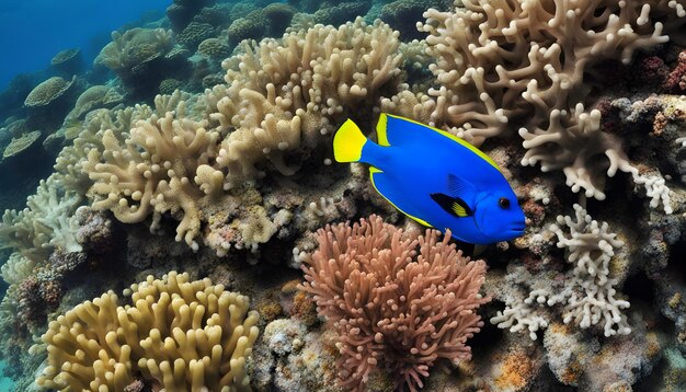 Photo a blue fish is swimming in an underwater coral