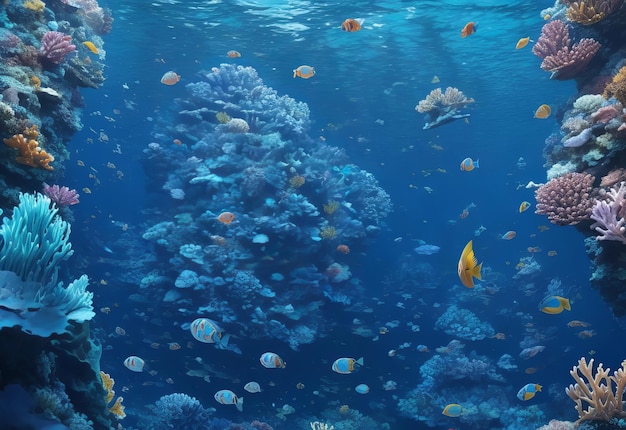 Голубая рыба плавает глубоко в абстрактном рифе.