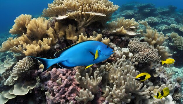 Photo a blue fish swimming next to a coral with other marine life