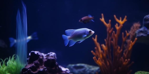 Photo a blue fish swims in a tank with a red and black fish on the bottom.