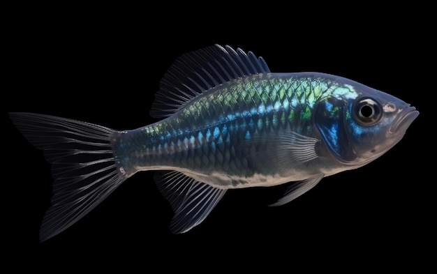 A blue fish with green and blue fins is shown on a black background.