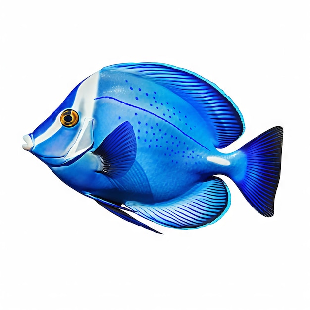 A blue fish with a white face and a yellow eye.