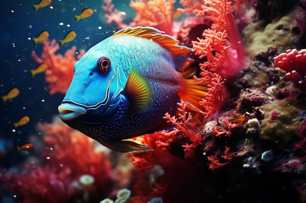 a blue fish with yellow and blue markings is swimming in a coral reef.