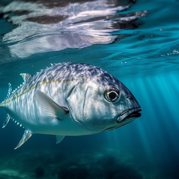 黄色い目をした青い魚が海を泳いでいます。