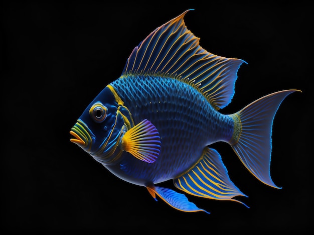 A blue fish with a yellow tail and a black background.