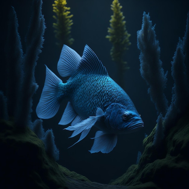 A blue fish with a yellow tail is swimming in a dark room