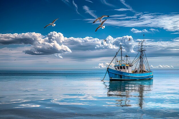 blue fishing boat on a calm sea