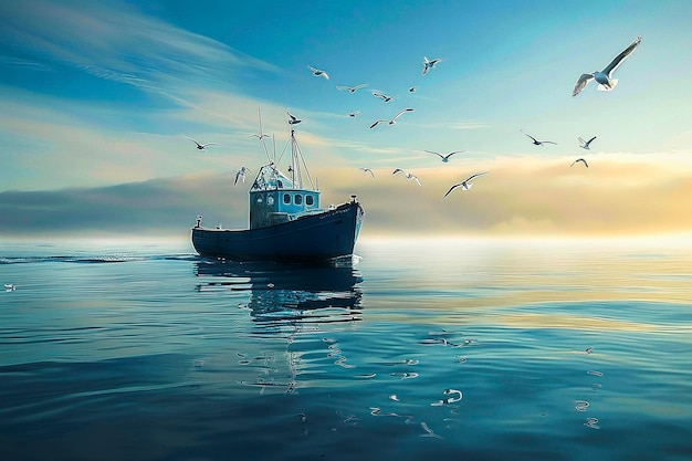 blue fishing boat on a calm sea