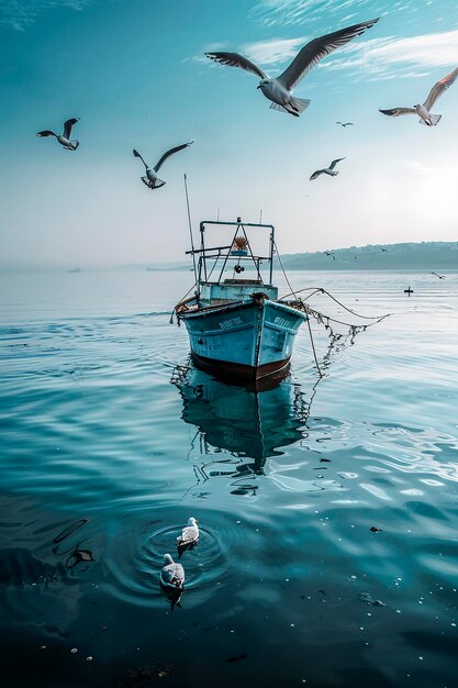 Foto barca da pesca blu su un mare calmo