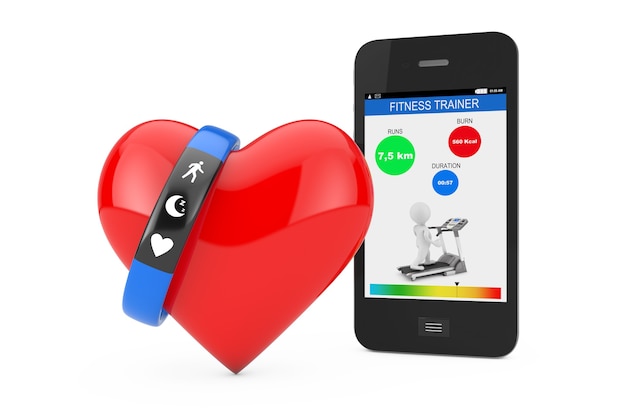 Blue Fitness Tracker Bracelet with Red Heart and Mobile Phone with Fitness Application on a white background 3d Rendering