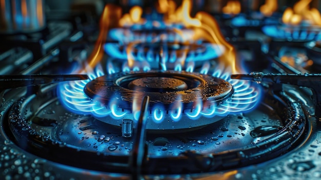 Foto bruciatore a gas a fiamma blu idea di mercato del gas naturale fuoco sulla stufa a gas spazio di copia