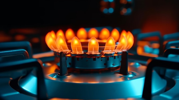 Blue flames dance on gas stove Generative ai