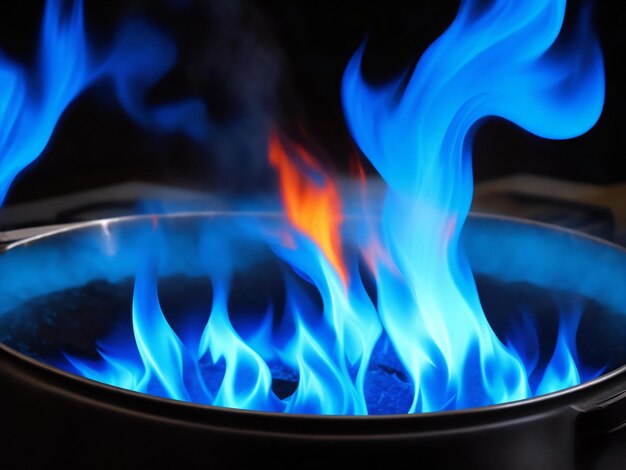 Photo blue flames of gas burning from a kitchen gas ai generated