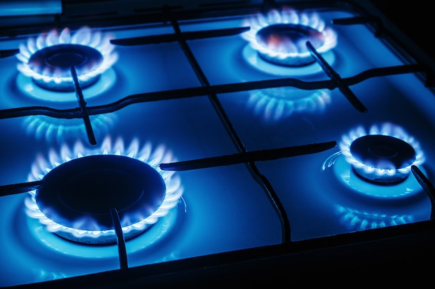 Blue flames of gas burning from a kitchen gas stove 