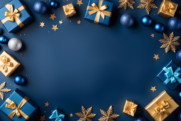 blue flatlay gift with a gold bow on a festive New Year background with bokeh