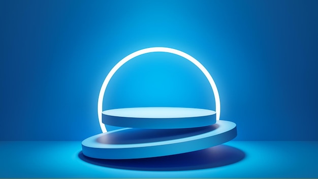 Blue floating cylinder podium with glowing neon in circle shape