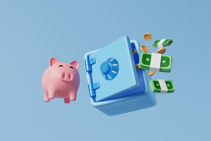 Photo blue floating safe box with money coins banknote pink piggy bank blue background money savings for retirement in a strongbox inflations pension financial security protection concept 3d rendering