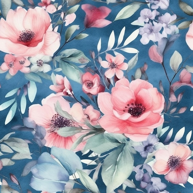 A blue floral background with pink flowers.