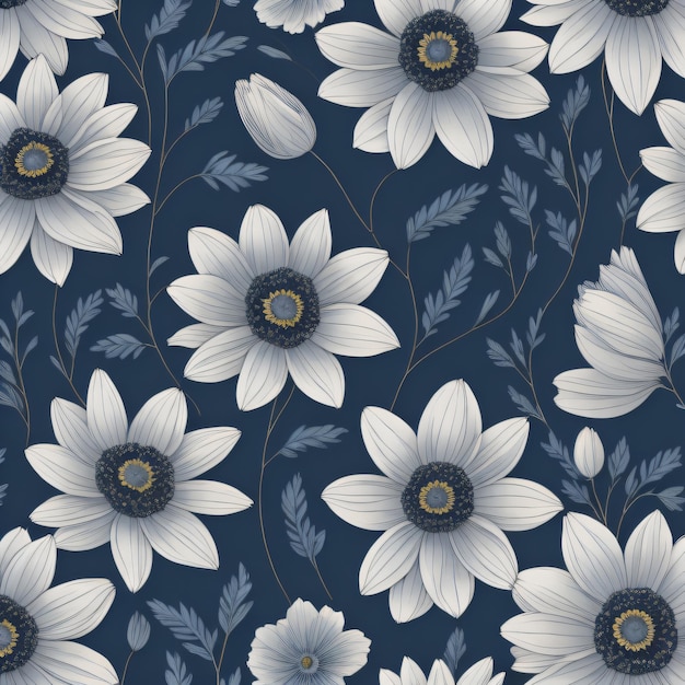 Photo a blue floral background with white flowers and leaves.