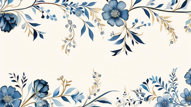 Photo blue floral border with leaves and flowers on a white background