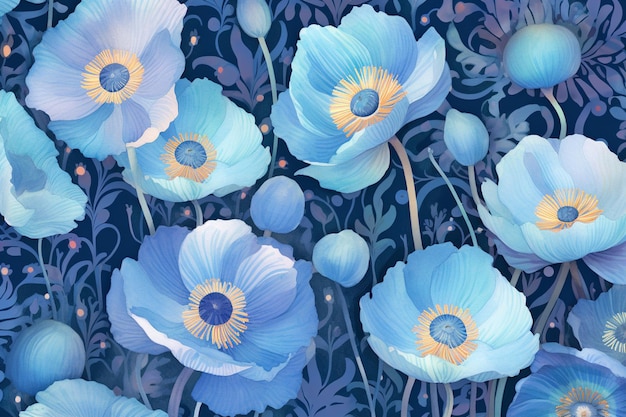 A blue floral pattern with a blue flower on a dark background.