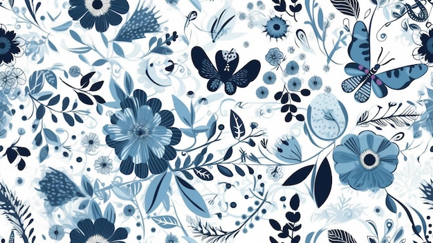 A blue floral pattern with a flower and butterfly on it.