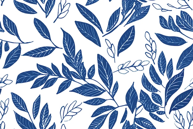 Blue floral pattern with leaves and branches on a white background.