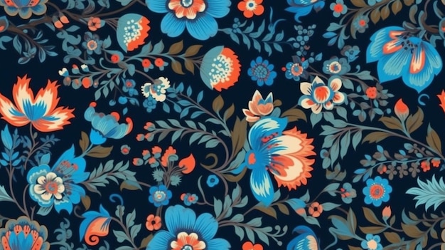 A blue floral pattern with orange flowers and a bird on a black background.