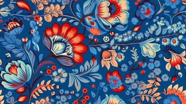 A blue floral pattern with red flowers and leaves.