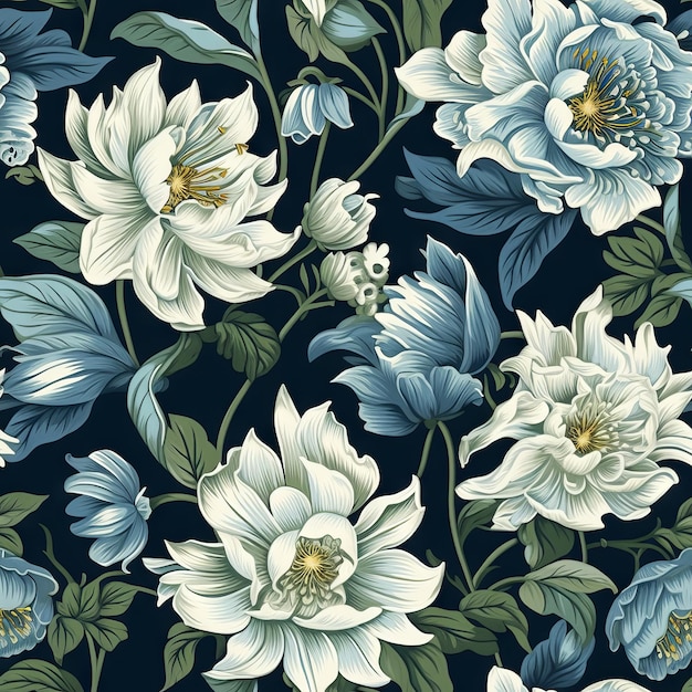 A blue floral pattern with white flowers on a dark blue background.