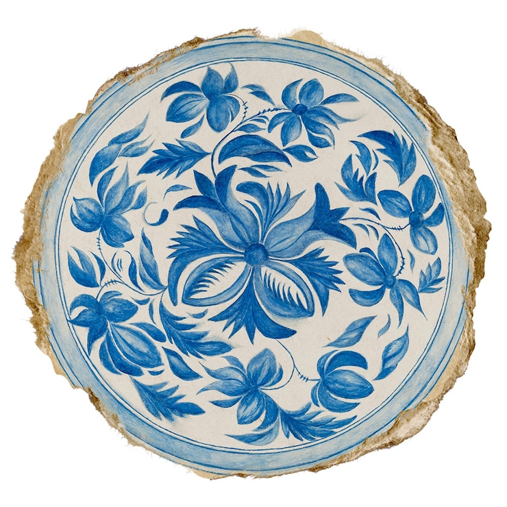 Photo blue floral plate png sticker ripped paper transparent background