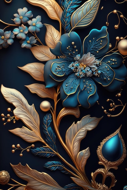 Blue floral wallpaper with a gold flower and leaves.