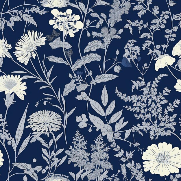 A blue floral wallpaper with a white flower pattern.