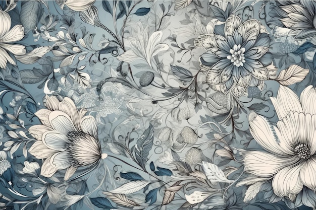 Blue floral wallpaper with white flowers Generative AI