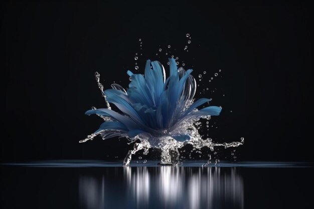 A blue flower is being splashed with water.