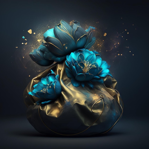 A blue flower is on a gold purse.