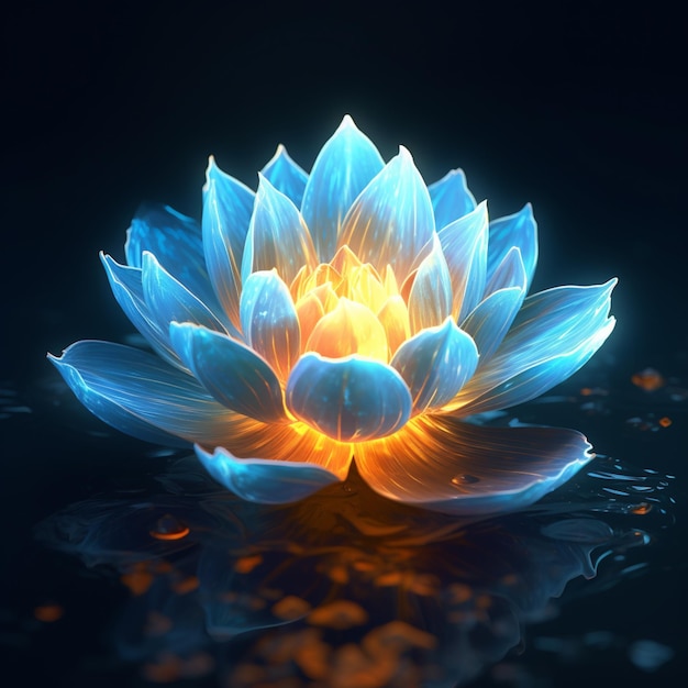A blue flower is lit up with the light on.