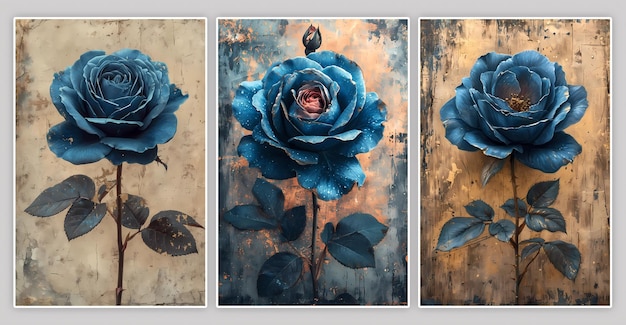 a blue flower painting on old grunge canvas in the style of turquoise and gold wall canvas art