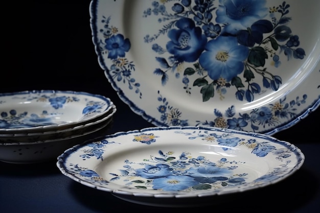 A blue flower plate is on a table next to a stack of plates.