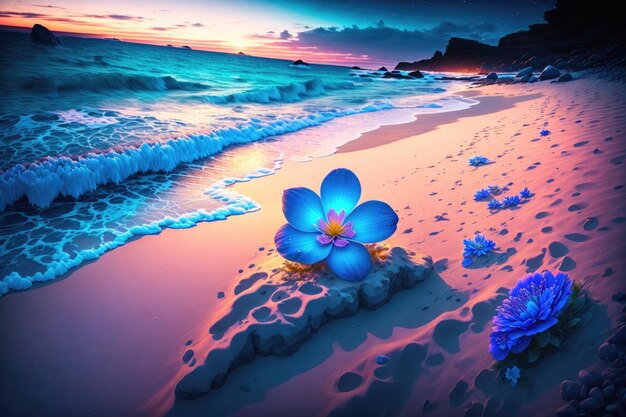 a blue flower a sandy beach next to the ocean at night time