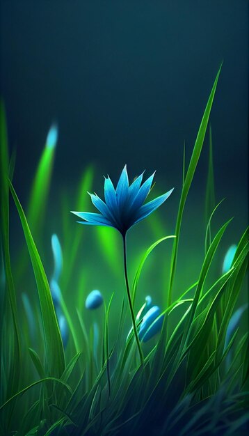 緑豊かなフィールドの上に座っている青い花の生成 ai