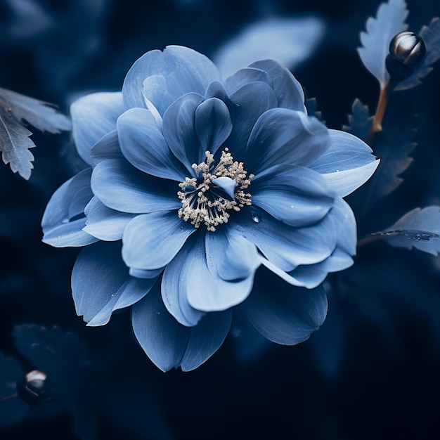 濃い青色の背景に並んで立っている青い花