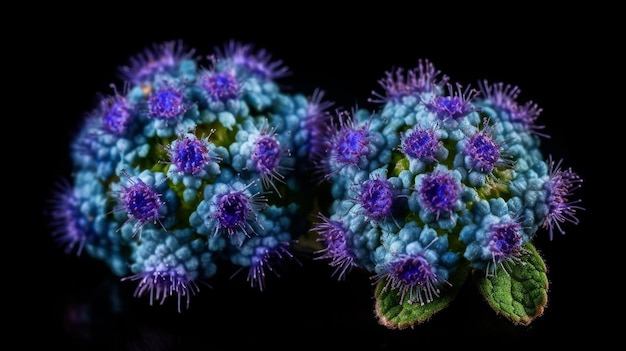 A blue flower that is on a black background