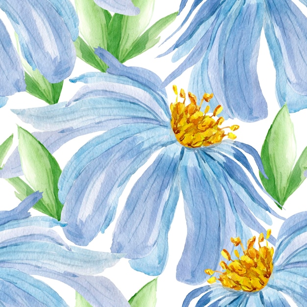 Blue flower with big petals and yellow heart watercolor seamless pattern