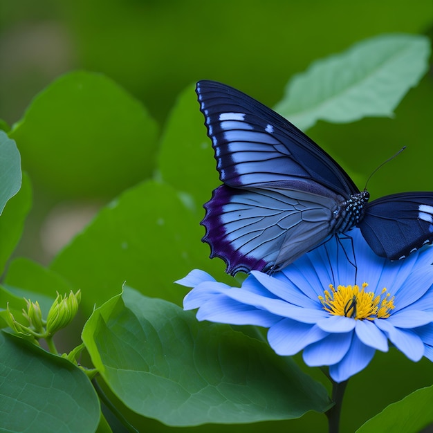 A blue flower with a butterfly on it