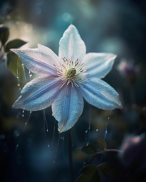 A blue flower with dew drops on it