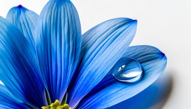 a blue flower with a drop of water on it